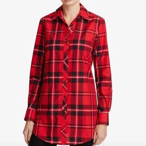 NEW Red Plaid Shirt Tunic Size 6 Foxcroft Holiday Tartan Wrinkle-Free Shaped Fit